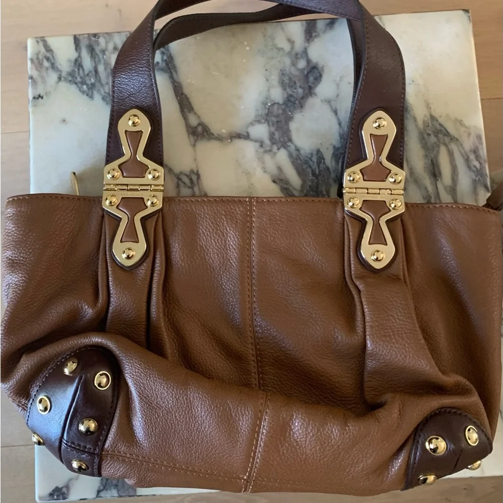 Michael Kors Brown Leather Tote Bag with Gold Accents - Picture 2 of 4